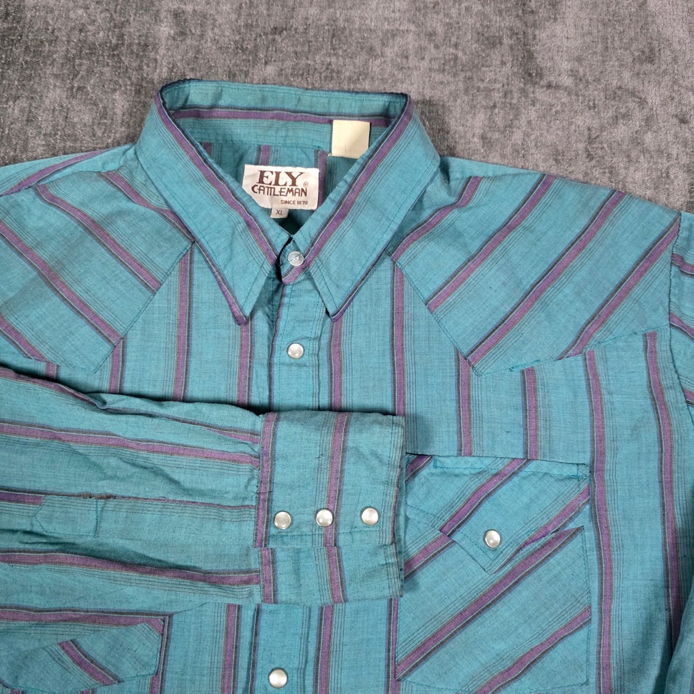 Vintage Ely Cattleman Mens XL Western Pearl Snap Shirt Teal Purple Striped L/S